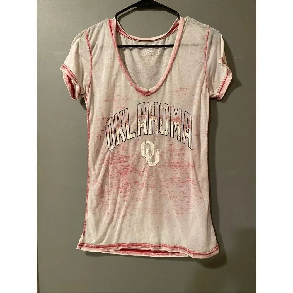 Campus Heritage Red Burnout V Neck Short Sleeve Oklahoma Sooners OU Size S